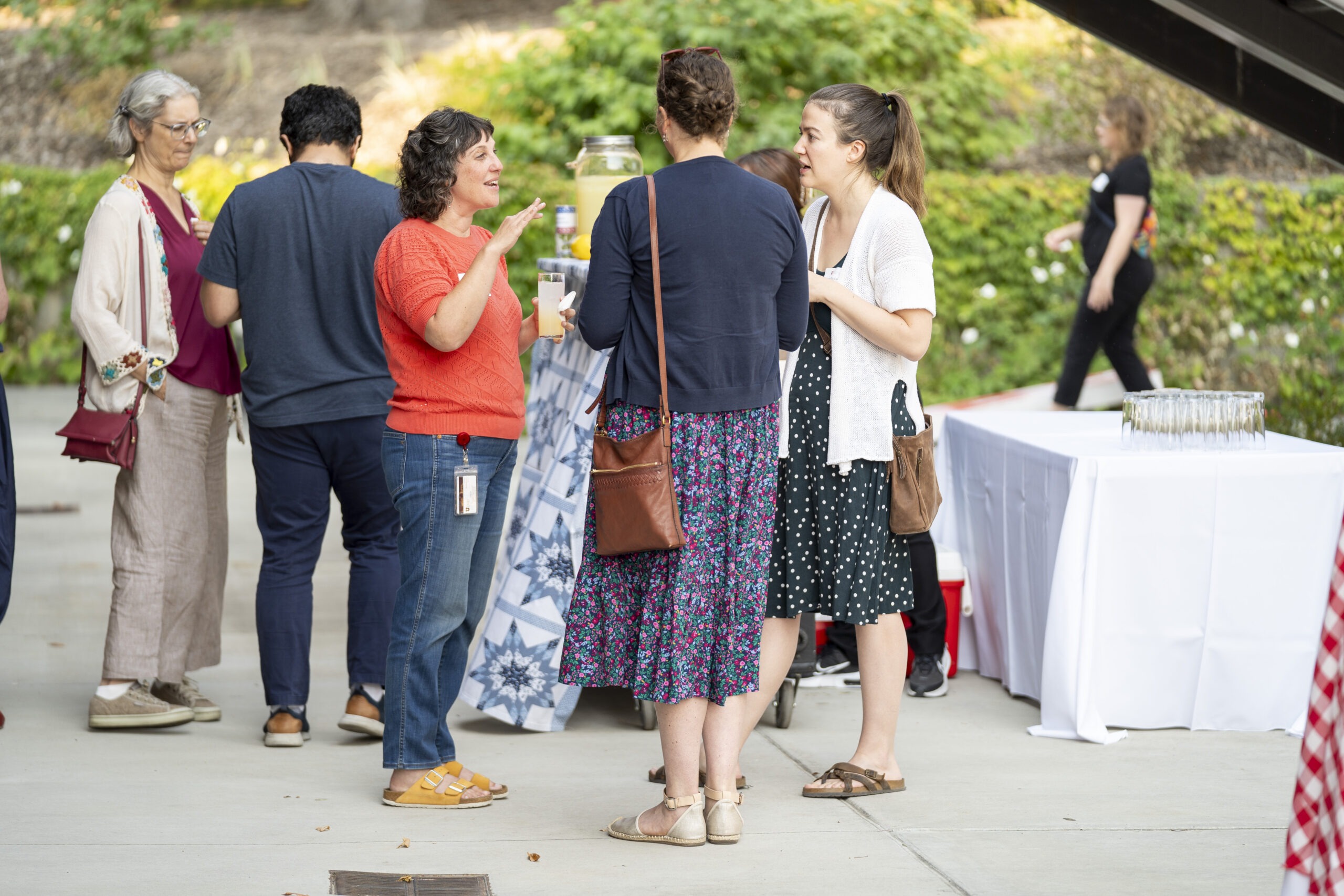 New faculty chatting at Faculty Soiree